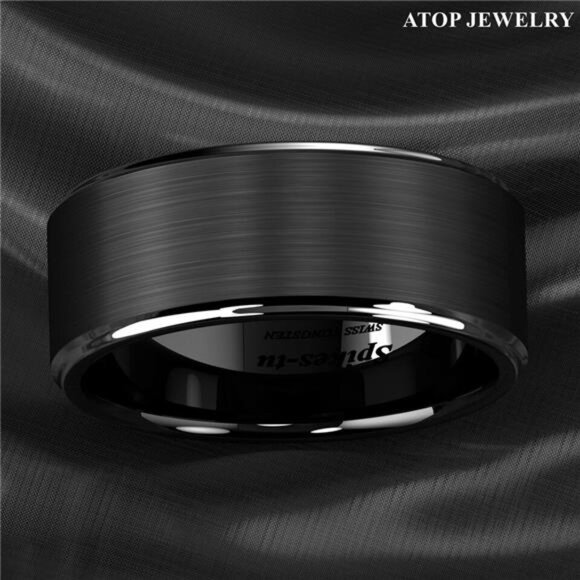 Men's Wedding Band - Black Brushed Silver Stripe Ring for Men - Wedding Rings - Picture 4 of 5